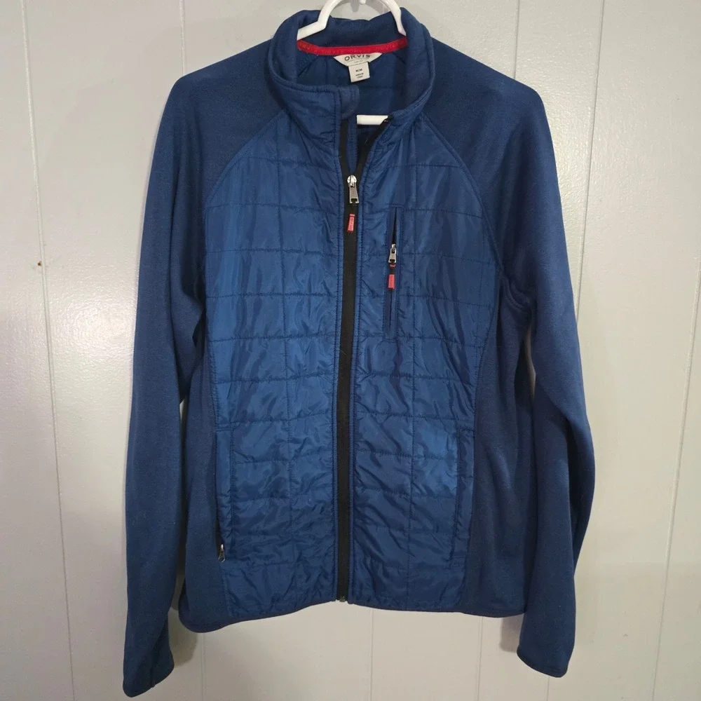 Orvis Hybrid Jacket Mens Medium Blue Quilted Fleece Full Zip‎ Mock Neck